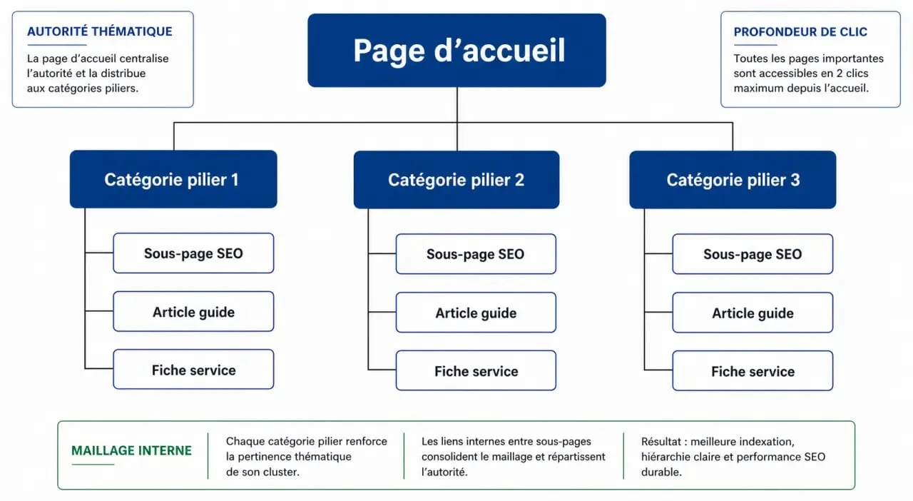 Schéma illustrant une arborescence SEO optimisée pour un site web