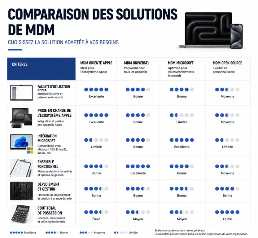Infographie comparative des fonctionnalités des logiciels MDM pour entreprises