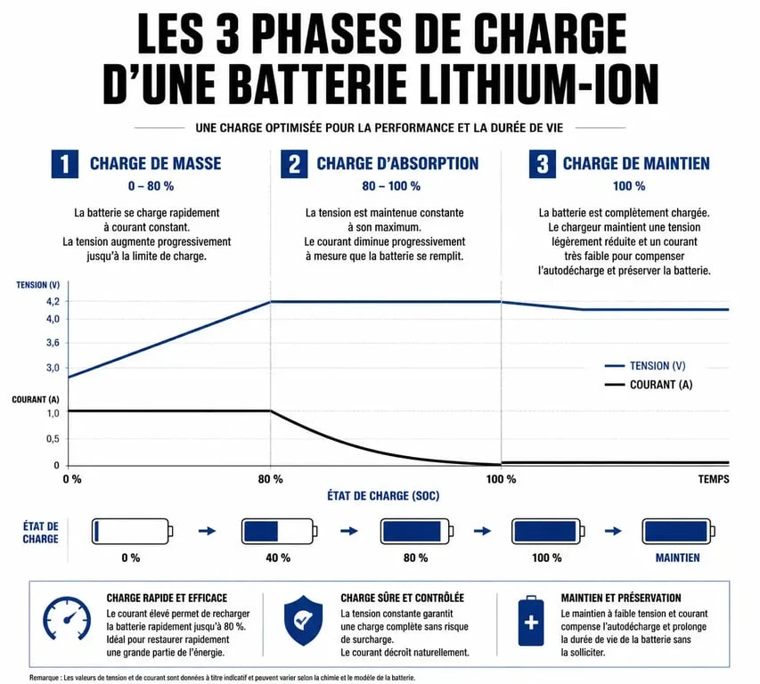 Schéma des phases de charge d'une batterie de smartphone pour comprendre pourquoi mon téléphone charge mais la batterie n'augmente pas