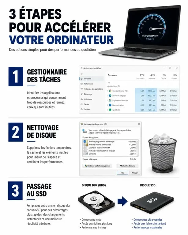 Infographie des étapes pour réparer un pc lent à démarrer et optimiser Windows