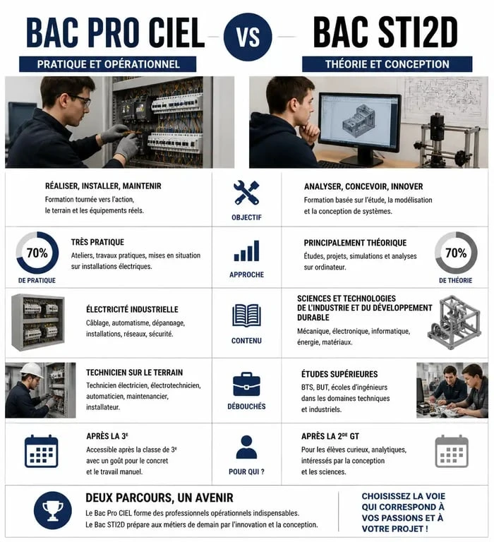 Infographie comparative des études en informatique après la 3ème : Bac Pro CIEL vs Bac STI2D