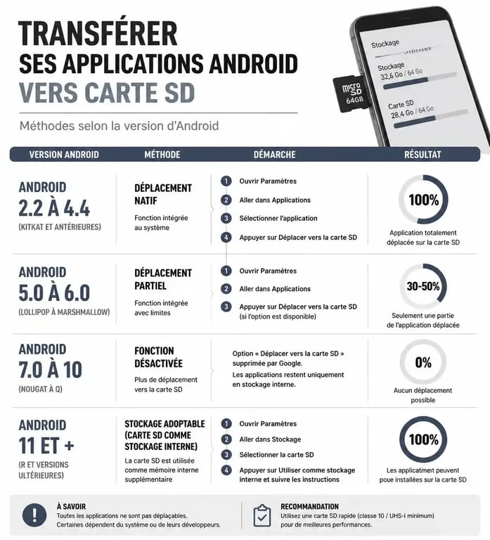 Infographie comparative des méthodes pour mettre une application sur carte SD selon la version Android