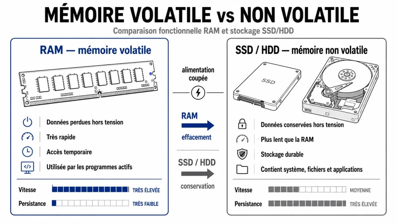 Comparaison entre mémoire volatile RAM et mémoire non volatile SSD pour comprendre le fonctionnement de l'ordinateur