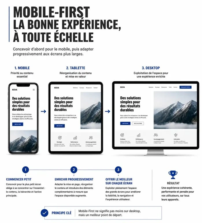 Schéma explicatif du processus de conception Mobile-First pour une responsive app