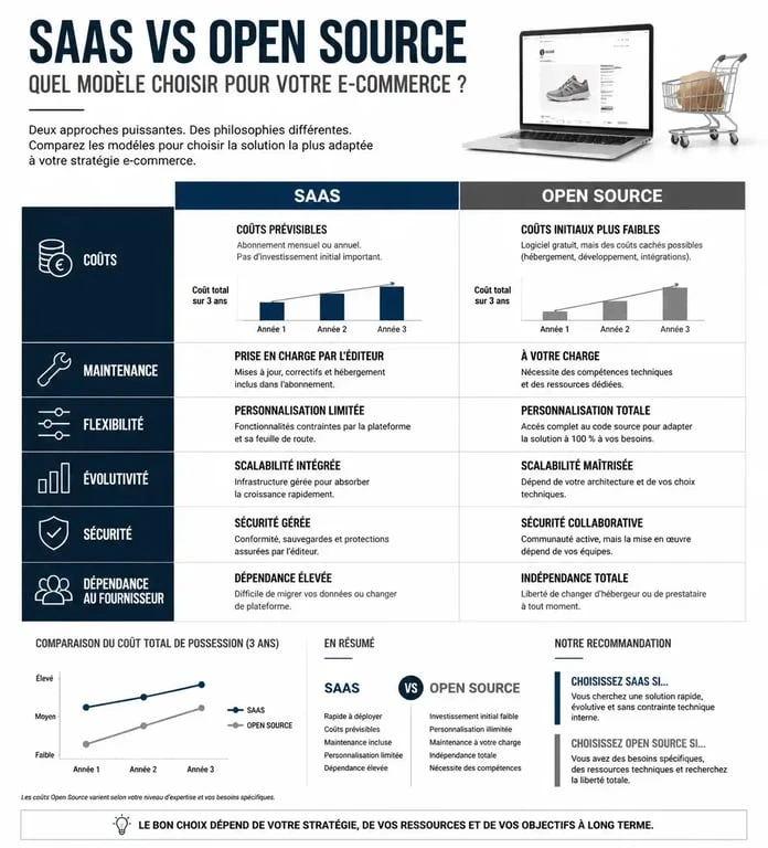 Infographie comparative des solutions e-commerce SaaS et Open Source pour choisir la meilleure solution e-commerce.