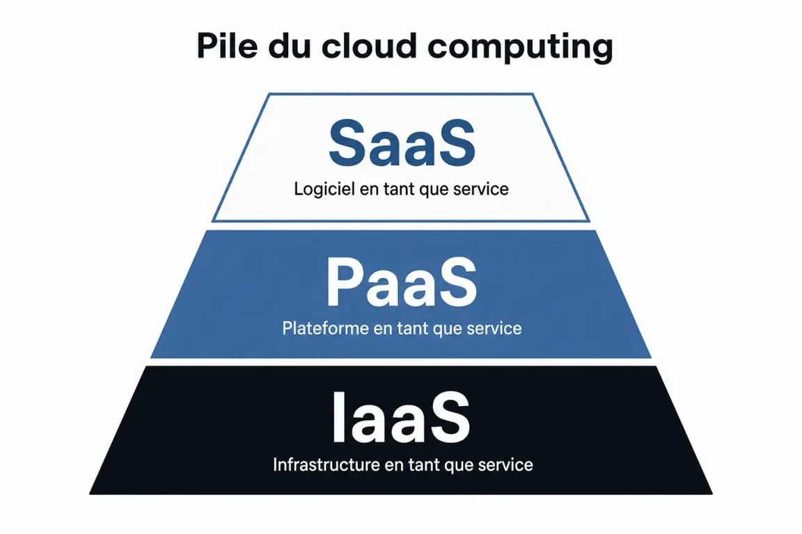 Schéma explicatif de la hiérarchie du cloud computing : IaaS, PaaS et SaaS