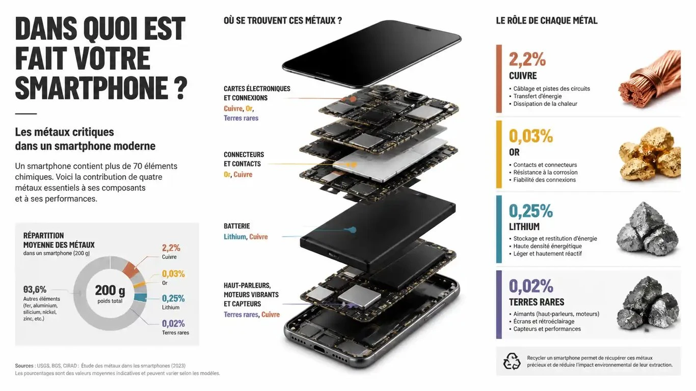 Infographie montrant la répartition des métaux dans un smartphone et leur rôle technologique