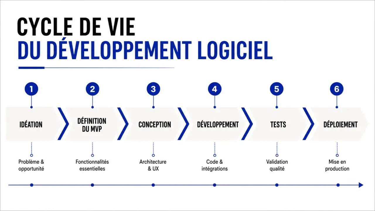 Schéma des étapes clés pour créer un logiciel : de l'idéation au déploiement