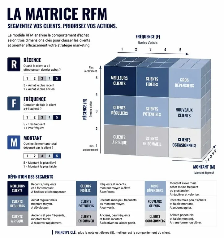 Infographie de la méthode de segmentation RFM pour l'analyse de base clients