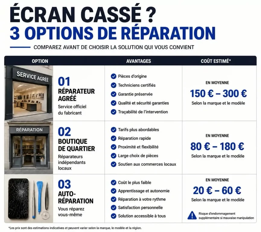 Infographie comparative des options de réparation pour fissure de téléphone et écran cassé