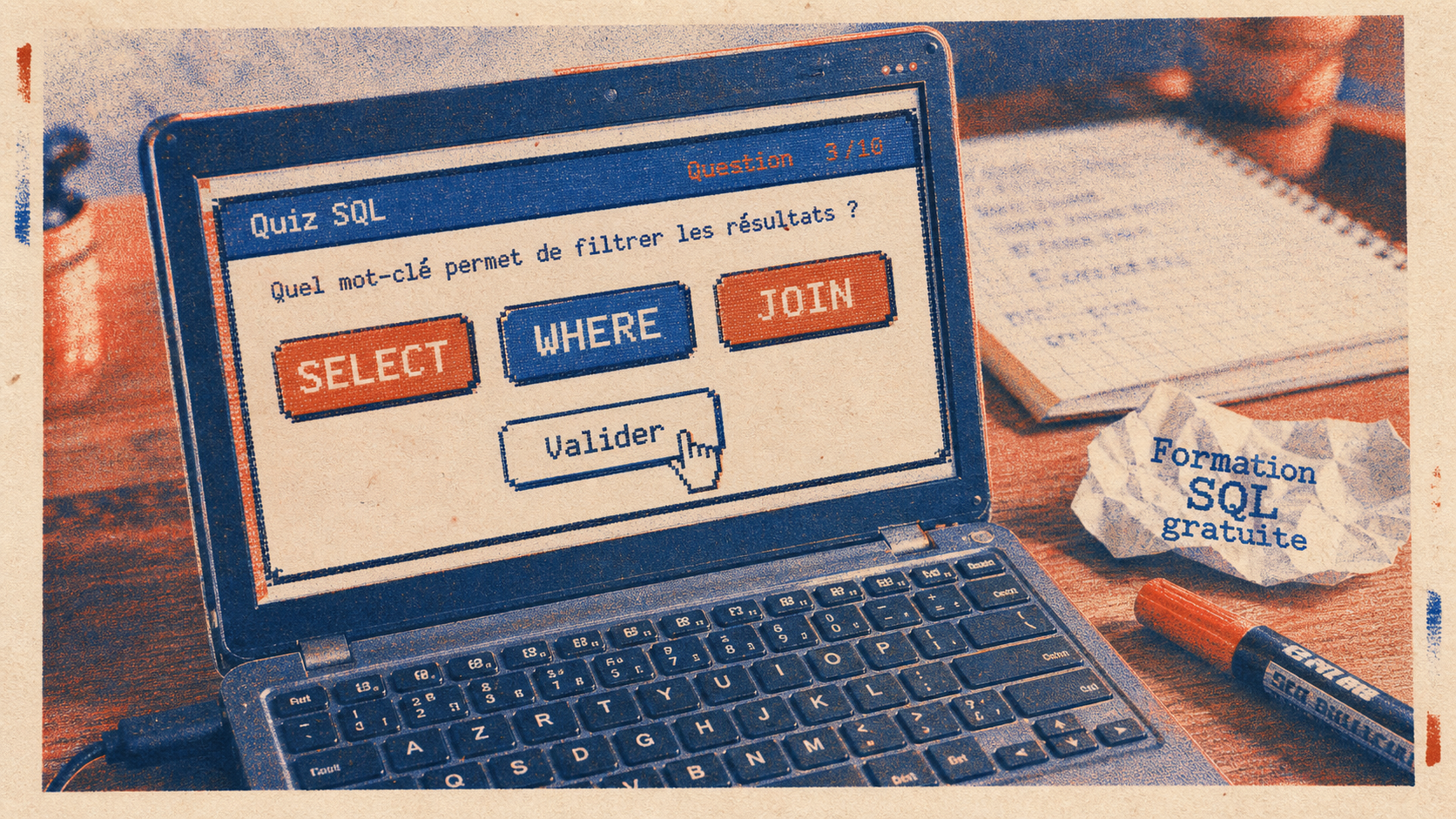Formation sql gratuite : quiz SELECT WHERE JOIN sur ordinateur