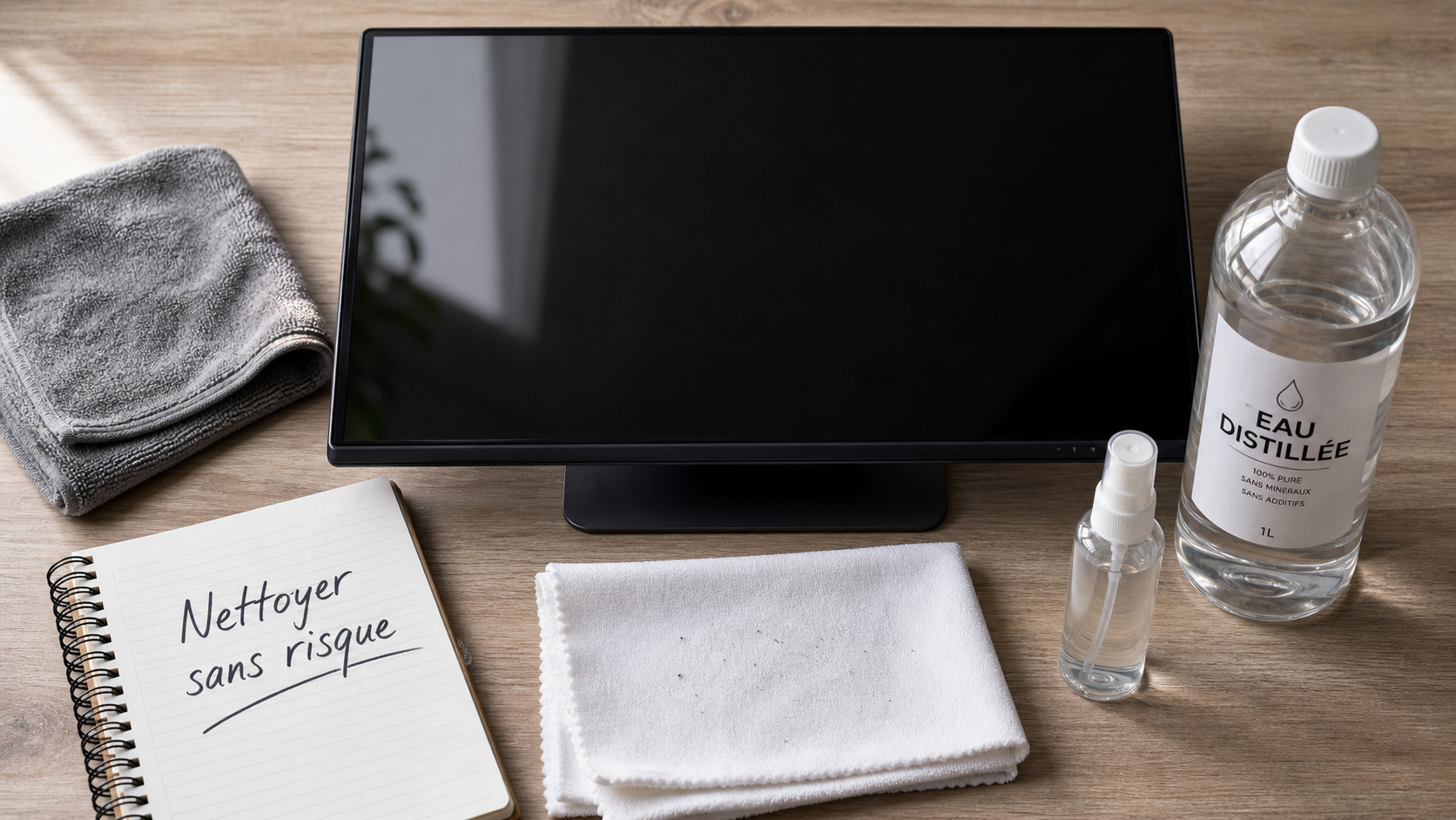 Nettoyage ecran ordinateur avec microfibre et eau distillée, sans rayures