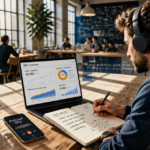 Consultant écoutant un podcast SEO dans un espace coworking