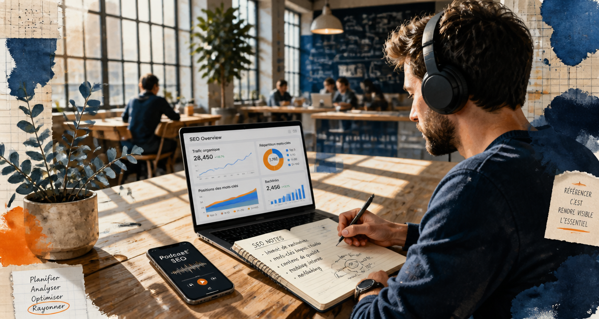 Consultant écoutant un podcast SEO dans un espace coworking