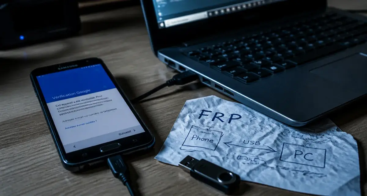 Samsung FRP : vérification Google sur smartphone, USB relié à PC