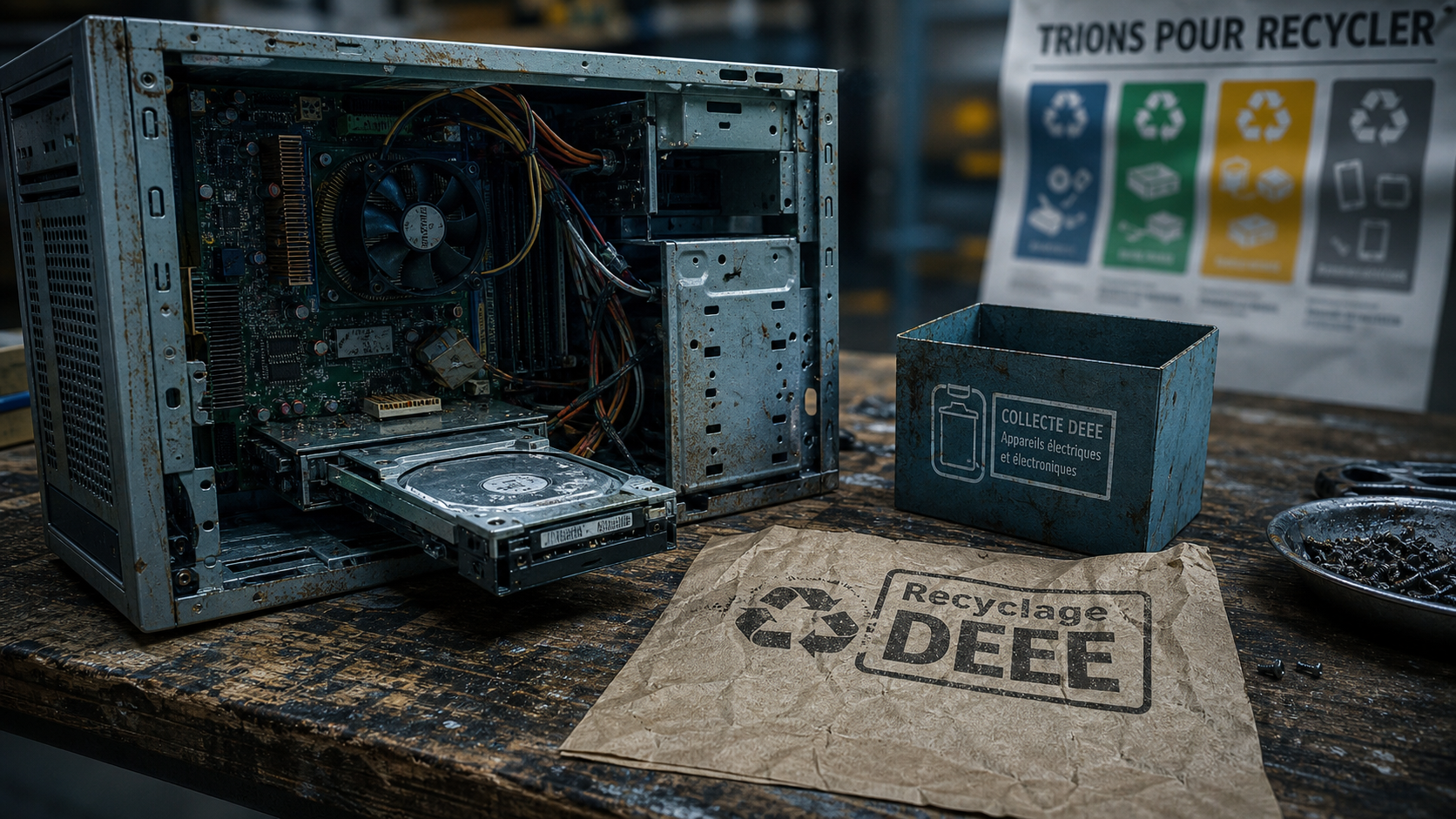 Vieil ordinateur ouvert et recyclage DEEE sur table