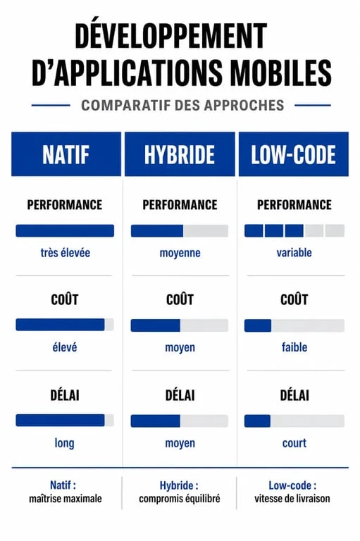 Comparatif des méthodes de développement d'applications mobiles : natif, hybride et low-code