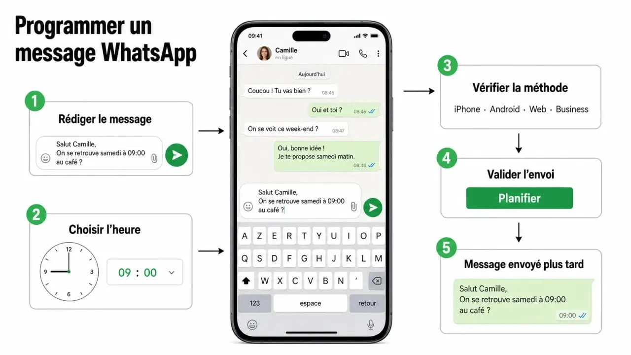 Comment programmer un message sur WhatsApp : illustration pas à pas des étapes d’envoi différé