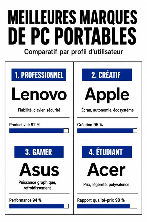 Infographie comparative des meilleures marques de PC portables par profil d'utilisateur pour choisir son ordinateur.