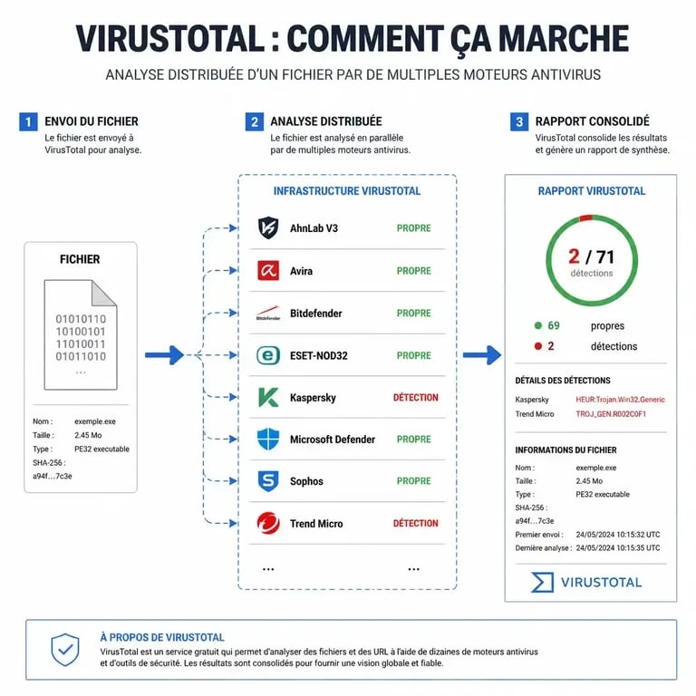 Schéma de fonctionnement de l'analyse multi-antivirus VirusTotal pour vérifier la fiabilité d'un fichier