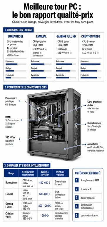 Infographie sur le meilleur tour PC rapport qualité-prix avec comparatif des usages et des composants