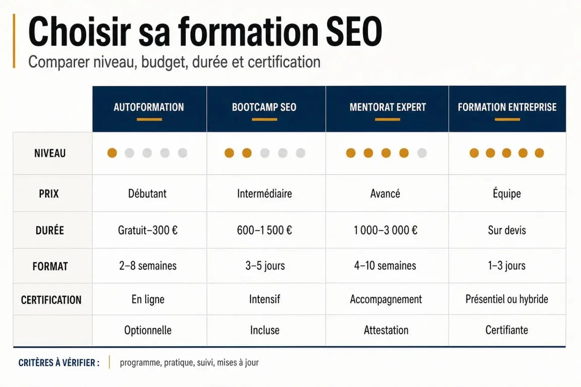 Meilleur formation SEO : comparaison visuelle des formations SEO selon le niveau, le prix et la certification