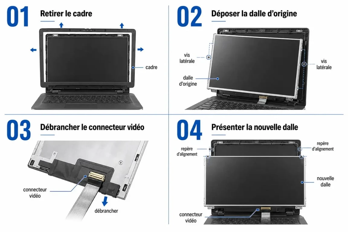 Schéma de remplacement d’une ecran dalle pc portable avec étapes de démontage et connecteur vidéo