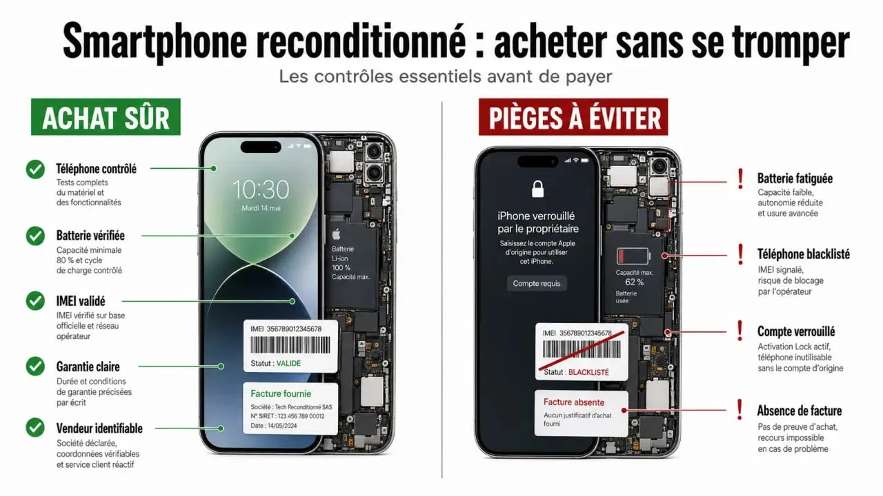 Smartphone reconditionné: bon plan ou arnaque, comparaison visuelle entre achat sûr et pièges à éviter