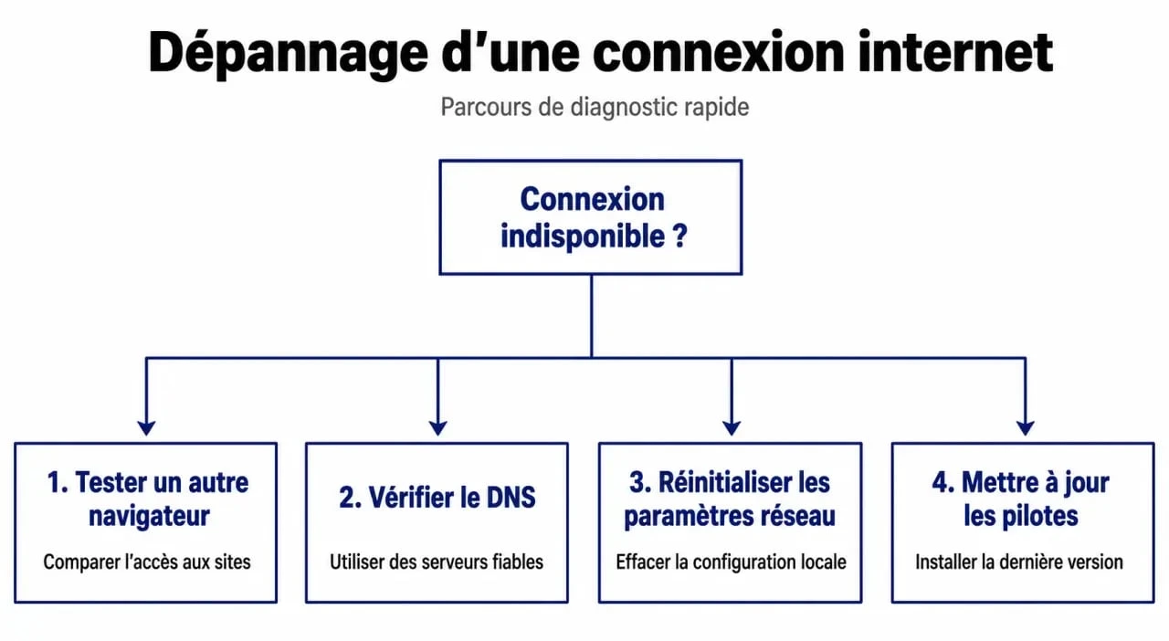 Schéma de diagnostic pour résoudre le problème impossible d'ouvrir une page web malgré connexion ok