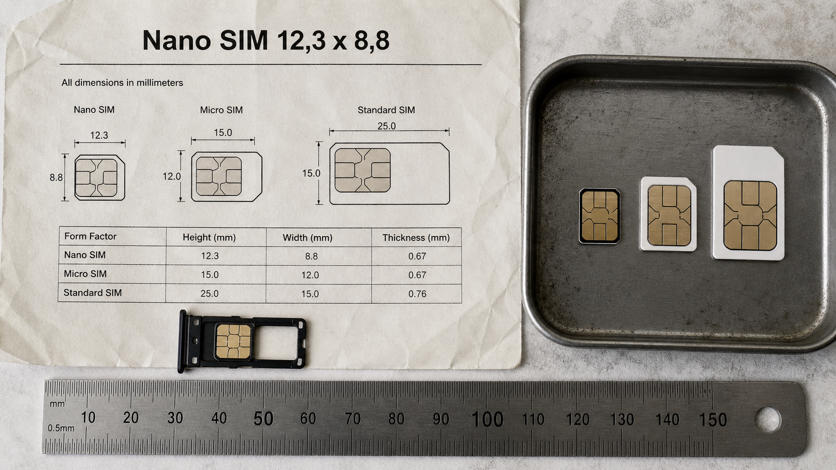 Nano SIM pour quel téléphone : nano SIM 12,3 x 8,8 mm comparée à micro SIM et SIM standard