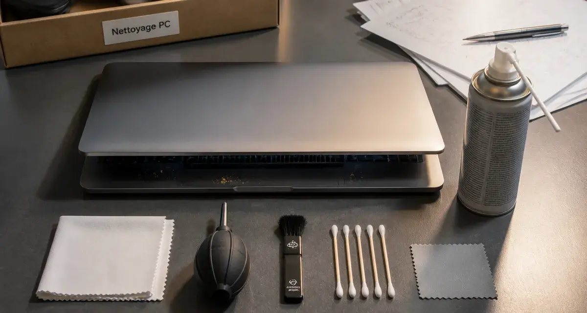 Nettoyage pc portable : chiffon microfibre et air comprimé pour écran et ventilateur