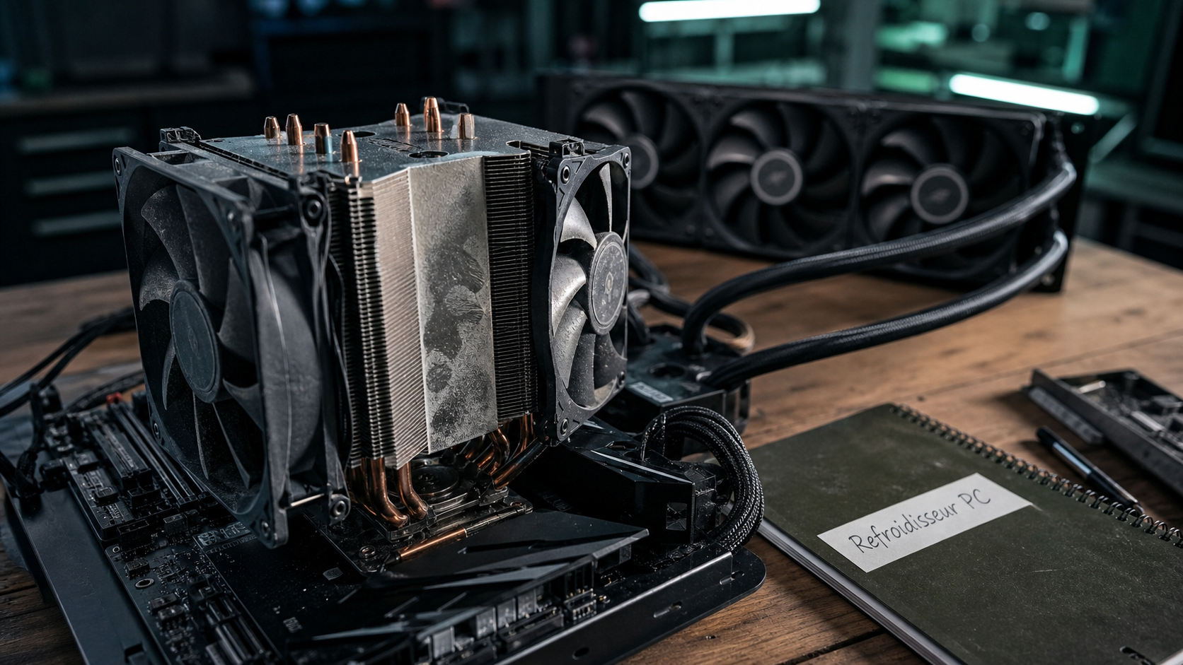 Refroidisseur pc gamer : ventirad cuivre et AIO sur PC gamer ouvert