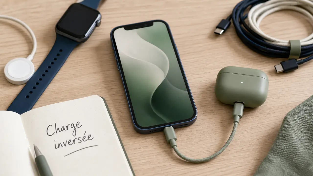 charge inversée iphone via USB‑C : iPhone et boîtier audio
