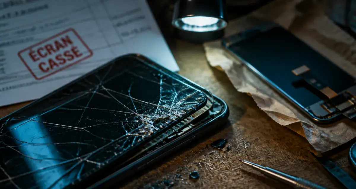 Ecran brisé : vitre fissurée, écran LCD touché, smartphone