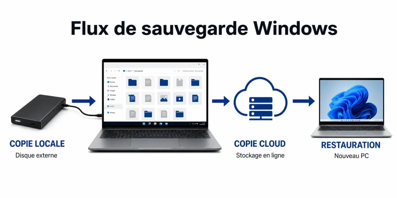 Faire une sauvegarde de son PC : schéma des étapes de copie vers disque externe et cloud, puis restauration sur un nouvel ordinateur