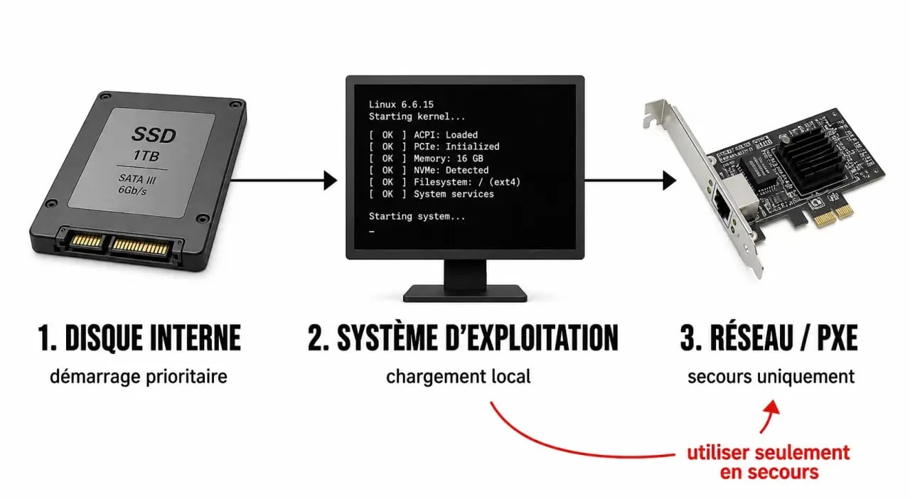 Schéma de résolution du message start pxe over ipv4 au démarrage avec ordre de boot BIOS/UEFI et disque interne avant réseau