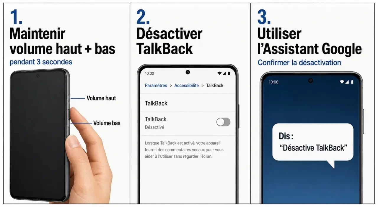 Comment désactiver TalkBack sur Android : schéma des trois méthodes pour couper TalkBack