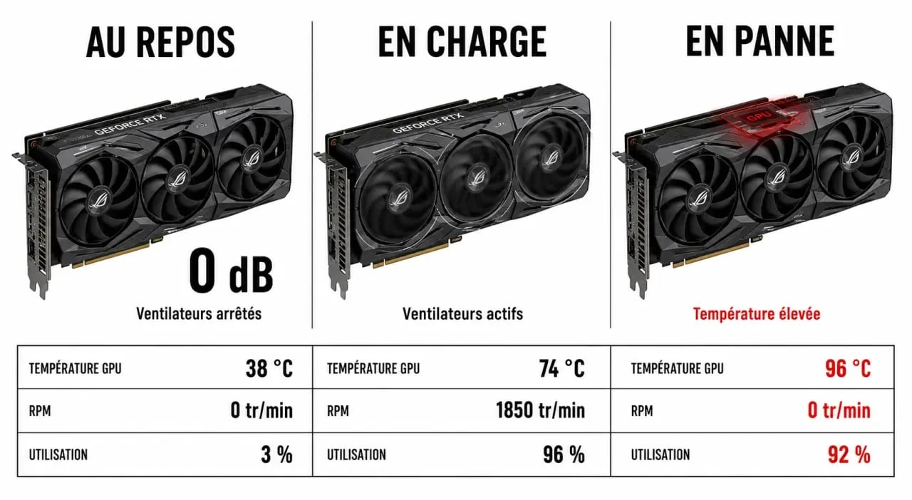 Pourquoi les ventilateur de ma carte graphique ne tourne pas : schéma du mode 0dB, de la montée en charge et du diagnostic