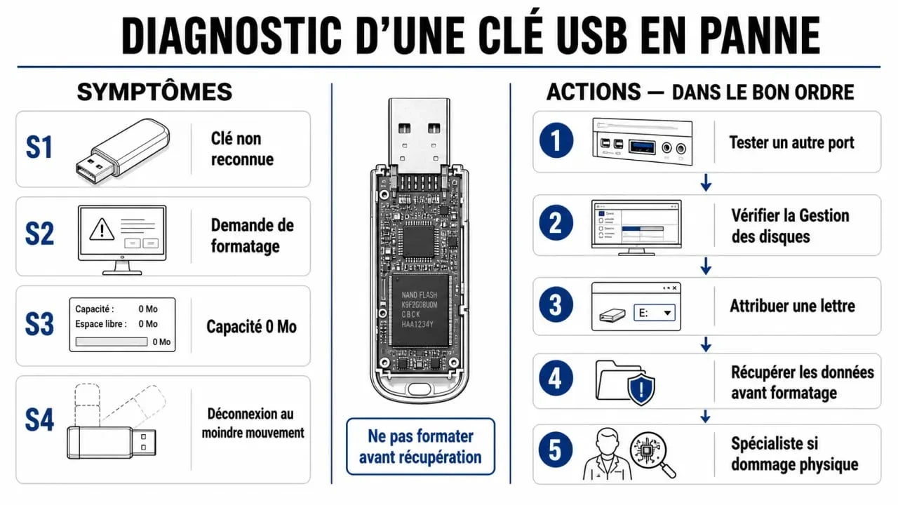 Réparer une clé USB : schéma des symptômes, causes possibles et étapes de diagnostic
