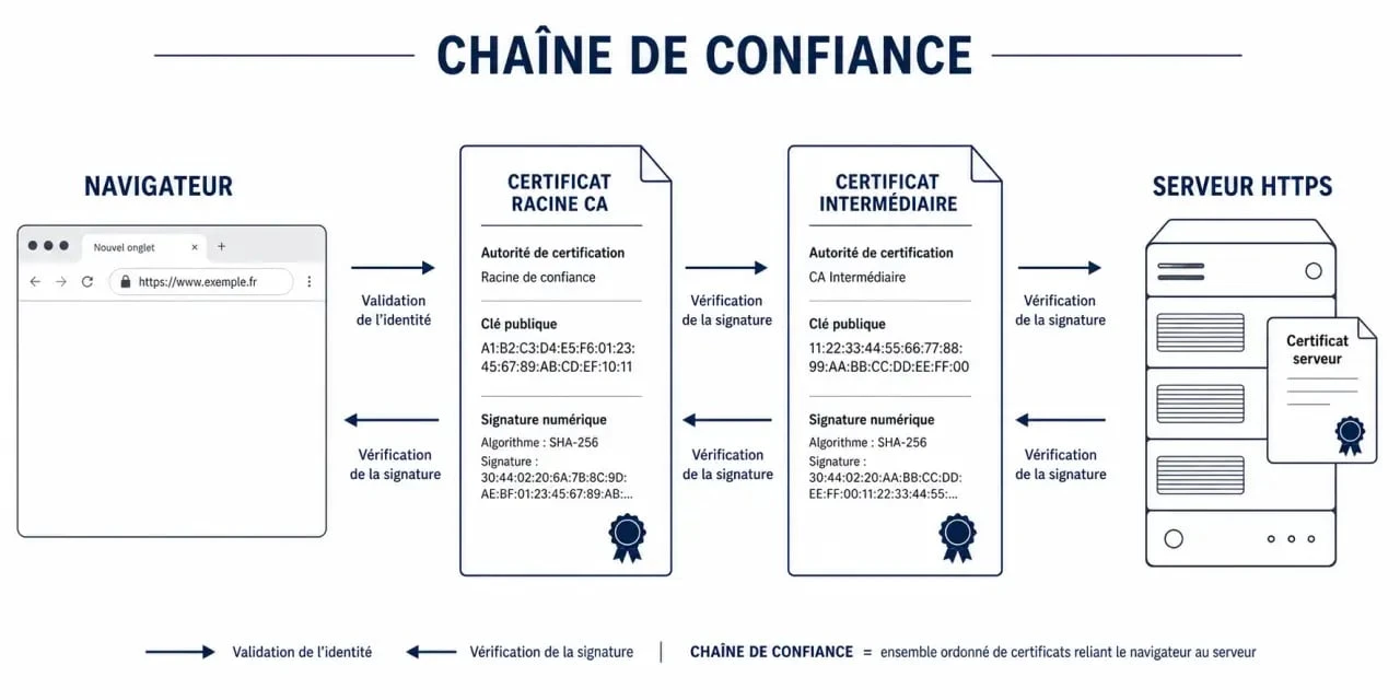 Schéma du certificat ca et de la chaîne de confiance entre navigateur, autorité de certification et serveur