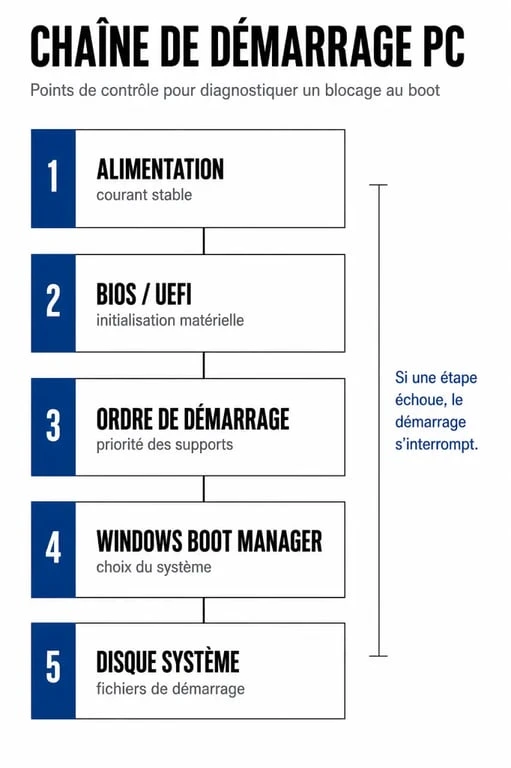 Schéma du message reboot and select proper boot device montrant BIOS, ordre de boot et disque système