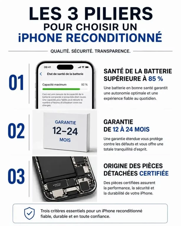 Infographie des critères pour acheter un iPhone reconditionné en toute sécurité