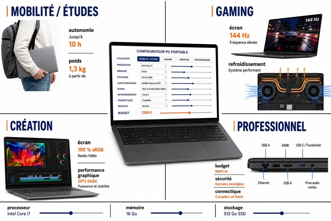 Configurateur pc portable : comparaison visuelle des usages mobilité, gaming, création et professionnel