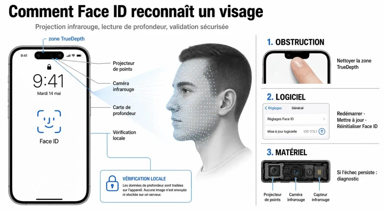 Face ID n'est pas disponible : schéma du système TrueDepth et des causes de panne
