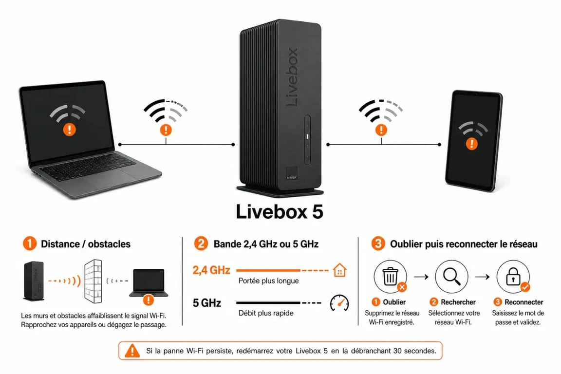 Livebox 5 problème de connexion wifi : schéma de diagnostic avec causes possibles et vérifications rapides