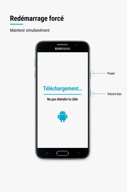Illustration du message do not turn off target sur un smartphone Samsung avec les touches Power et Volume Bas mises en évidence