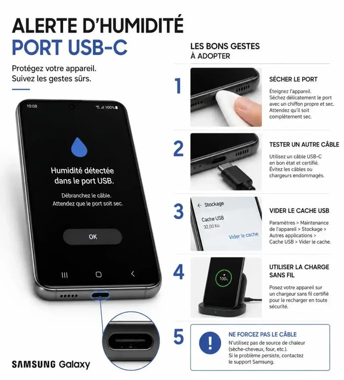 Désactiver capteur humidité Samsung : smartphone Galaxy avec alerte USB-C et étapes de dépannage