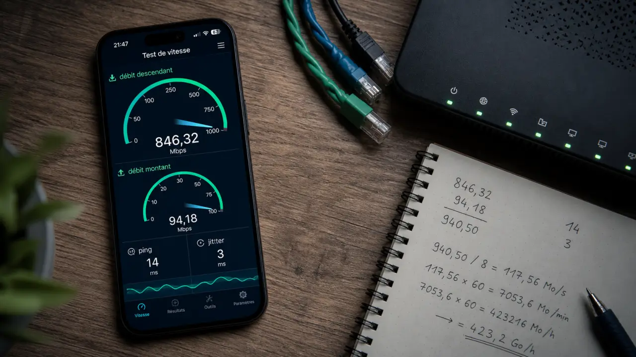 Speed test debit SpeedSmart : ping et jitter (débit descendant et montant)