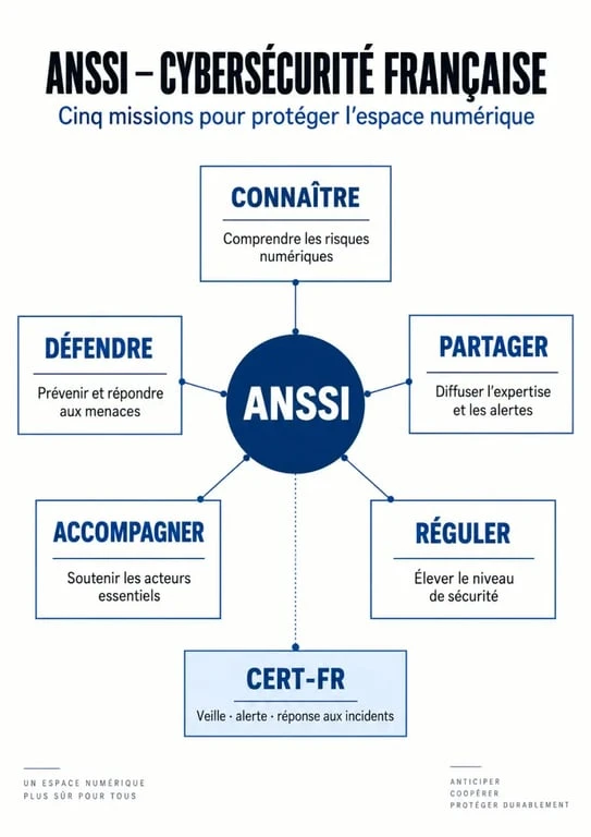 Infographie sur l’ANSSI et la cybersécurité française présentant ses cinq missions et le rôle du CERT-FR