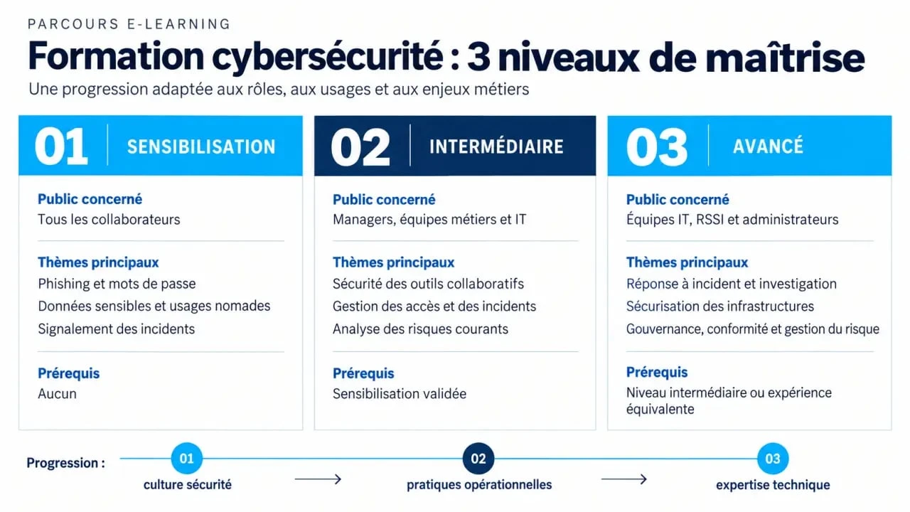 Infographie des niveaux d'une formation cybersécurité en e-learning